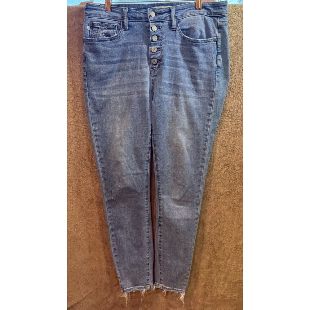 Judy Blue Button Fly Skinny Jeans Frayed Raw Hem Medium Wash Denim 11/30